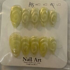 Yellow Shimmer‎ Press On Nails Almond Shape Nail Art Set of 10